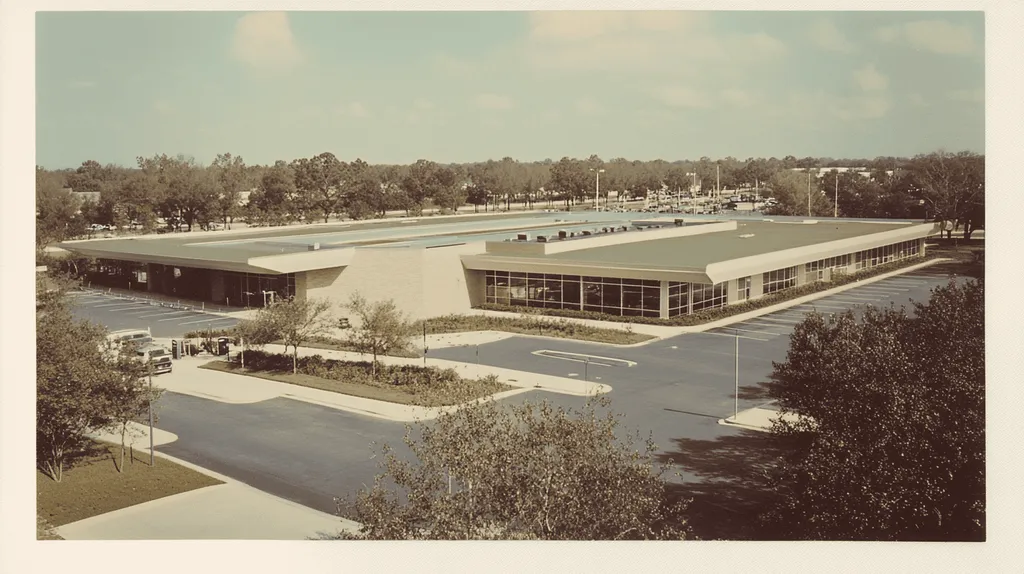 A commercial roof on a community recreation center in a location similar to Orlando with a Polaroid aesthetic (AI image)