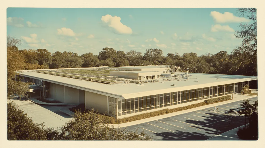 A commercial roof on a community recreation center in a location similar to Orlando with a Polaroid aesthetic (AI image)