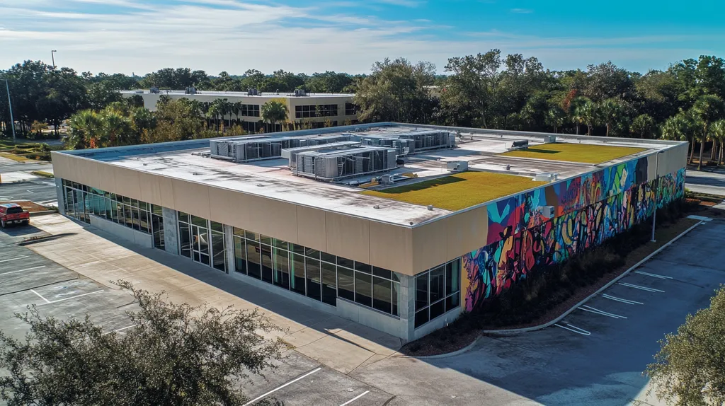 A commercial roof on a community recreation center in a location similar to Orlando with a graffiti mural aesthetic (AI image)