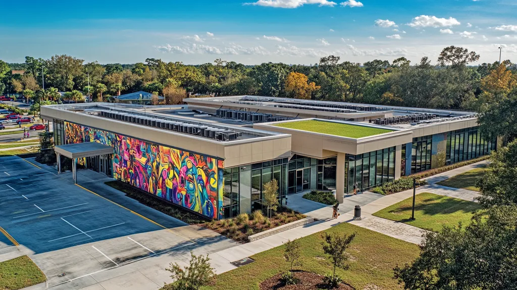 A commercial roof on a community recreation center in a location similar to Orlando with a graffiti mural aesthetic (AI image)