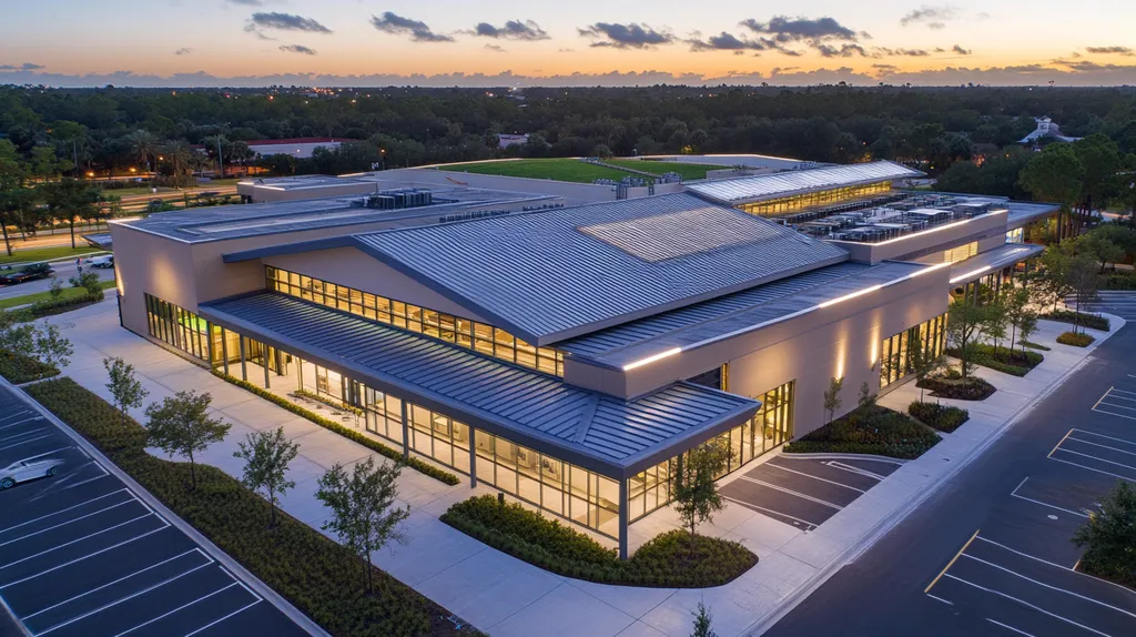 A commercial roof on a community recreation center in a location similar to Orlando with an illuminated nightscape aesthetic (AI image)