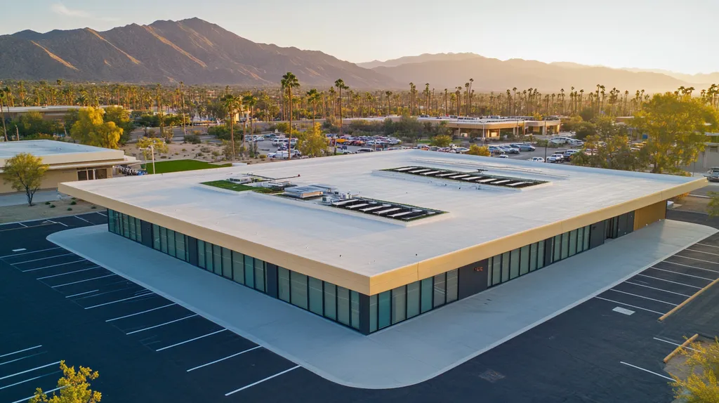 A commercial roof on a community recreation center in a location similar to Palm Springs with an ethereal glow aesthetic (AI image)