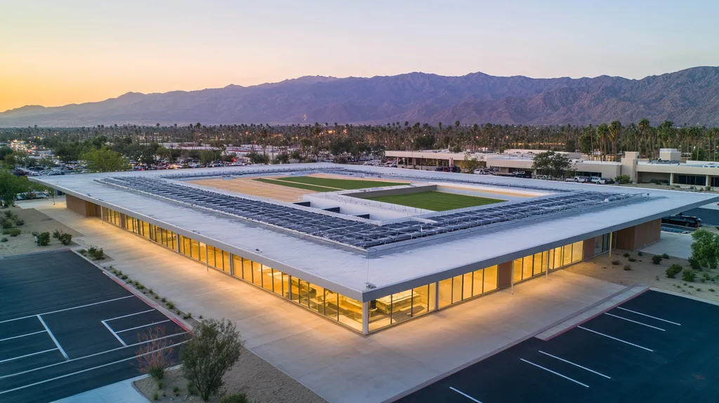A commercial roof on a community recreation center in a location similar to Palm Springs with an ethereal glow aesthetic (AI image)