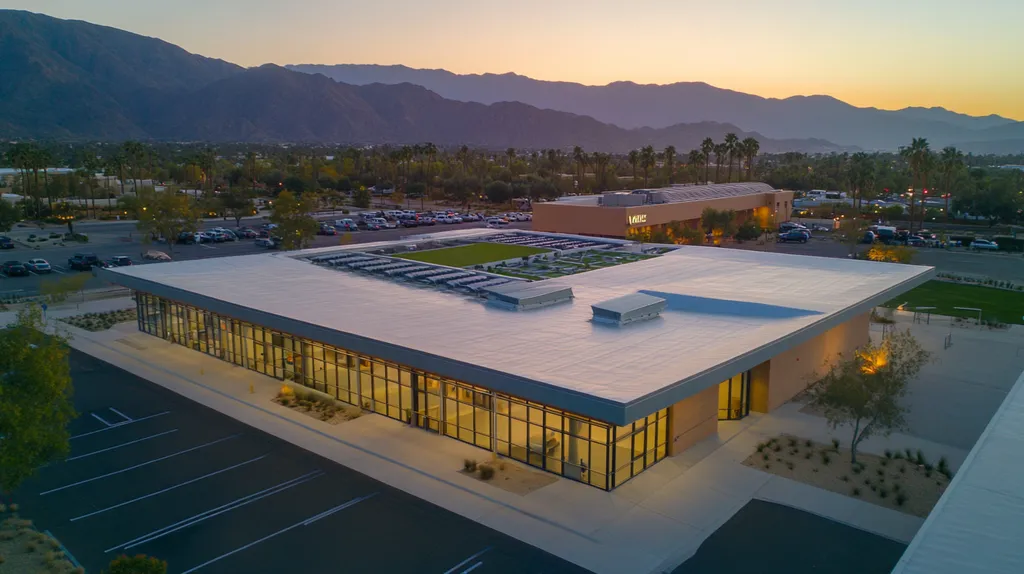 A commercial roof on a community recreation center in a location similar to Palm Springs with an ethereal glow aesthetic (AI image)