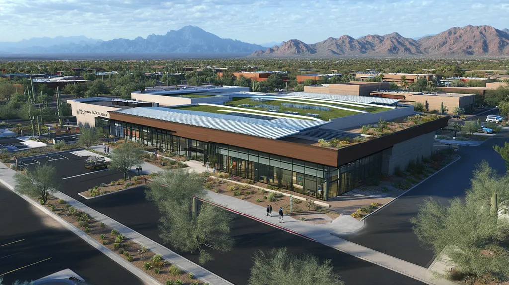 A commercial roof on a community recreation center in a location similar to Phoenix with an urban context aesthetic (AI image)
