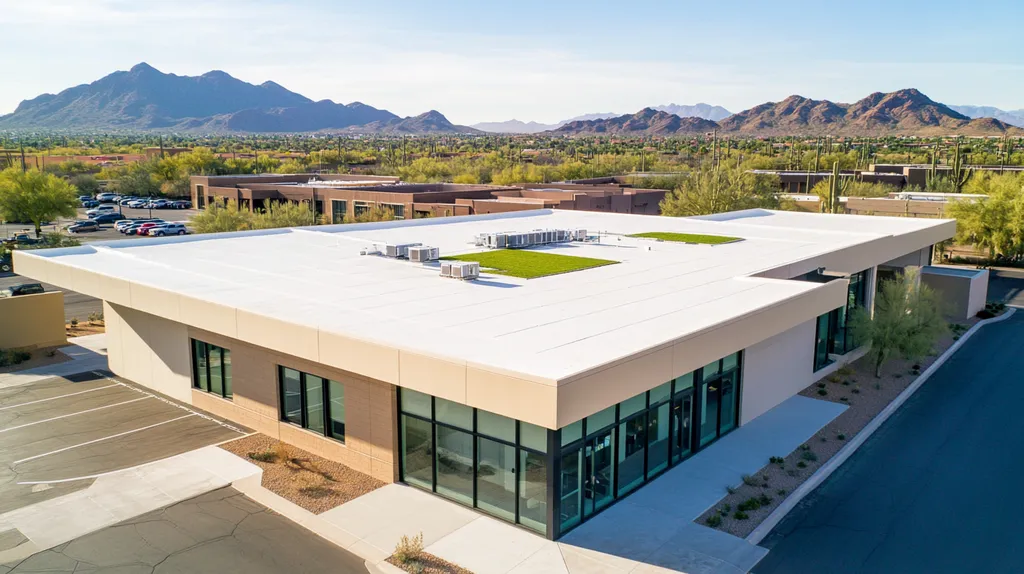 A commercial roof on a community recreation center in a location similar to Phoenix with an urban context aesthetic (AI image)
