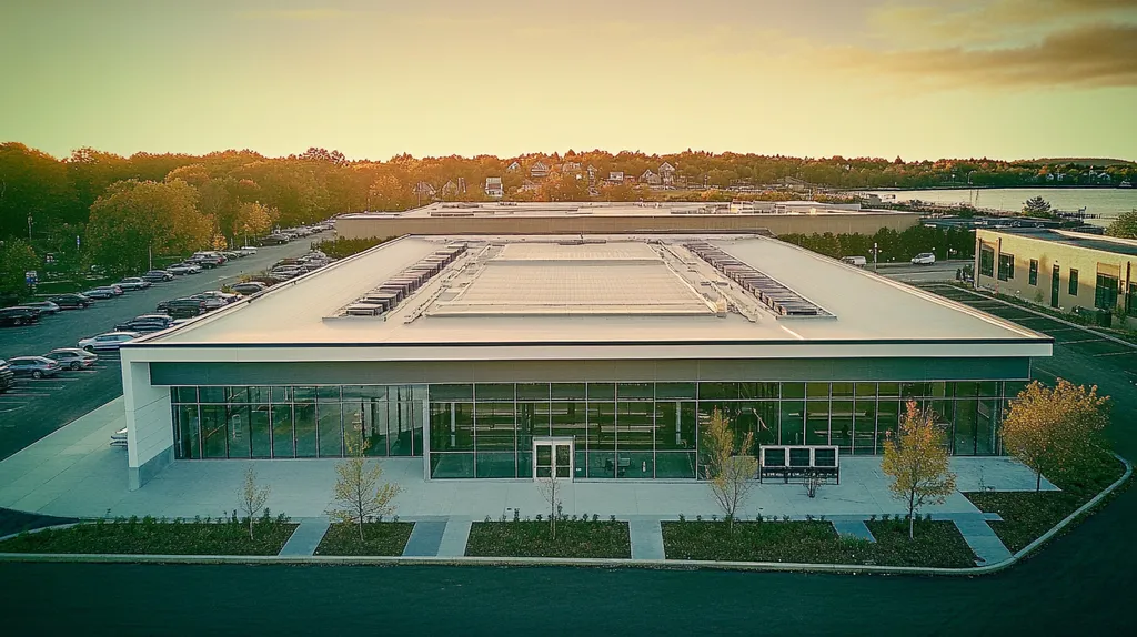 A commercial roof on a community recreation center in a location similar to Portland, Maine with a Polaroid aesthetic (AI image)