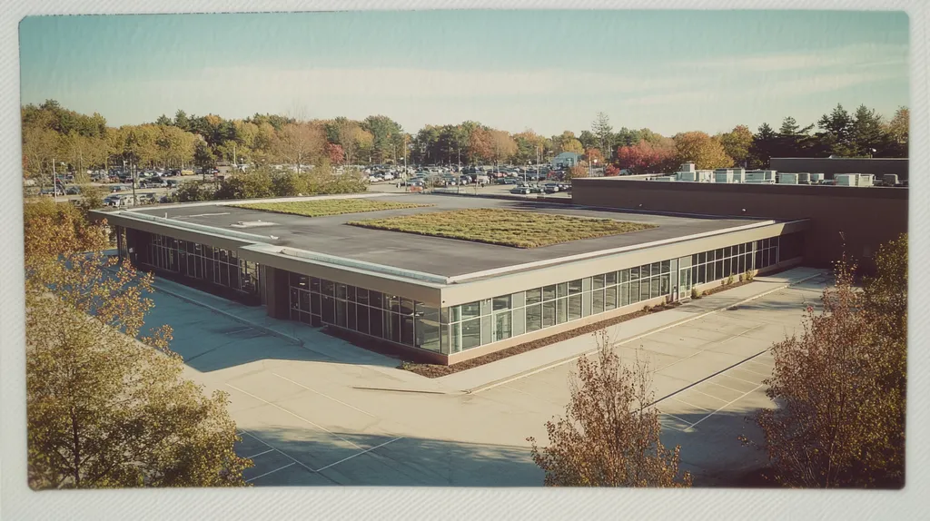 A commercial roof on a community recreation center in a location similar to Portland, Maine with a Polaroid aesthetic (AI image)