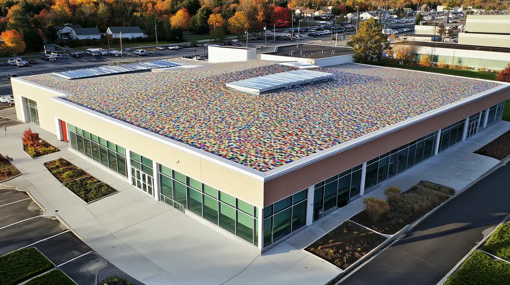 A commercial roof on a community recreation center in a location similar to Portland, Maine, with a mosaic tile art aesthetic (AI image)