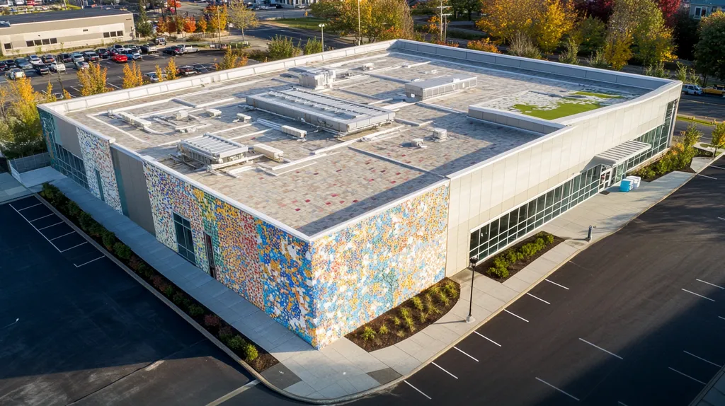 A commercial roof on a community recreation center in a location similar to Portland, Maine with a mosaic tile art aesthetic (AI image)