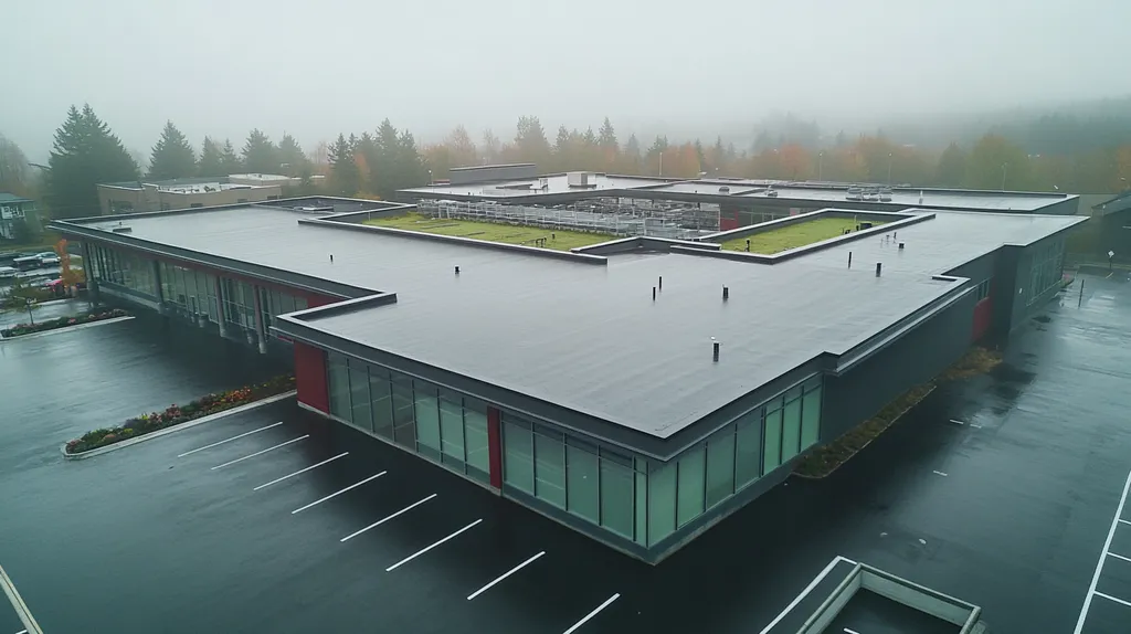 A commercial roof on a community recreation center in a location similar to Portland, Maine with a rainy day aesthetic (AI image)