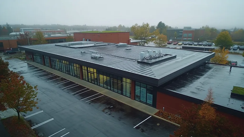 A commercial roof on a community recreation center in a location similar to Portland, Maine, with a rainy day aesthetic (AI image)
