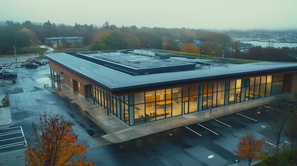 A commercial roof on a community recreation center in a location similar to Portland, Maine with a rainy day aesthetic (AI image)