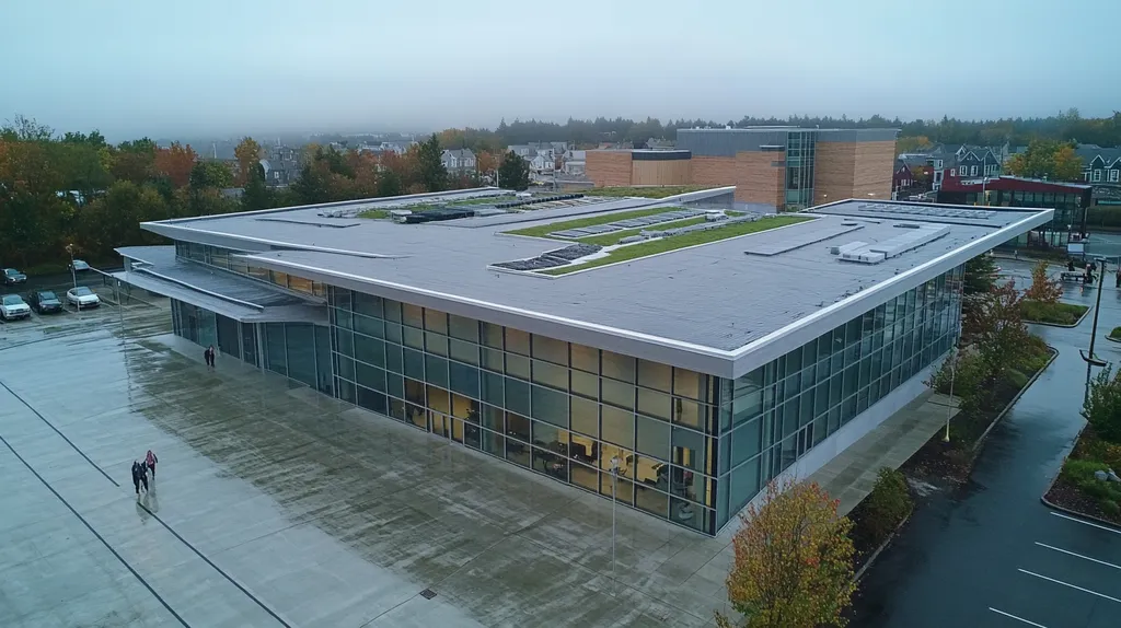 A commercial roof on a community recreation center in a location similar to Portland, Maine with a rainy day aesthetic (AI image)