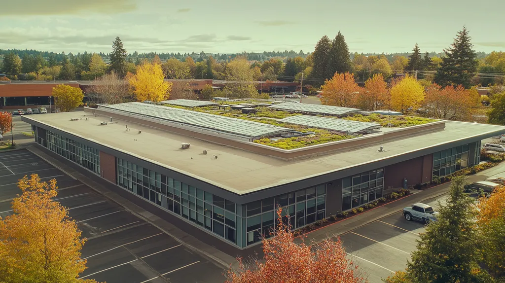 A commercial roof on a community recreation center in a location similar to Portland with a Polaroid aesthetic (AI image)