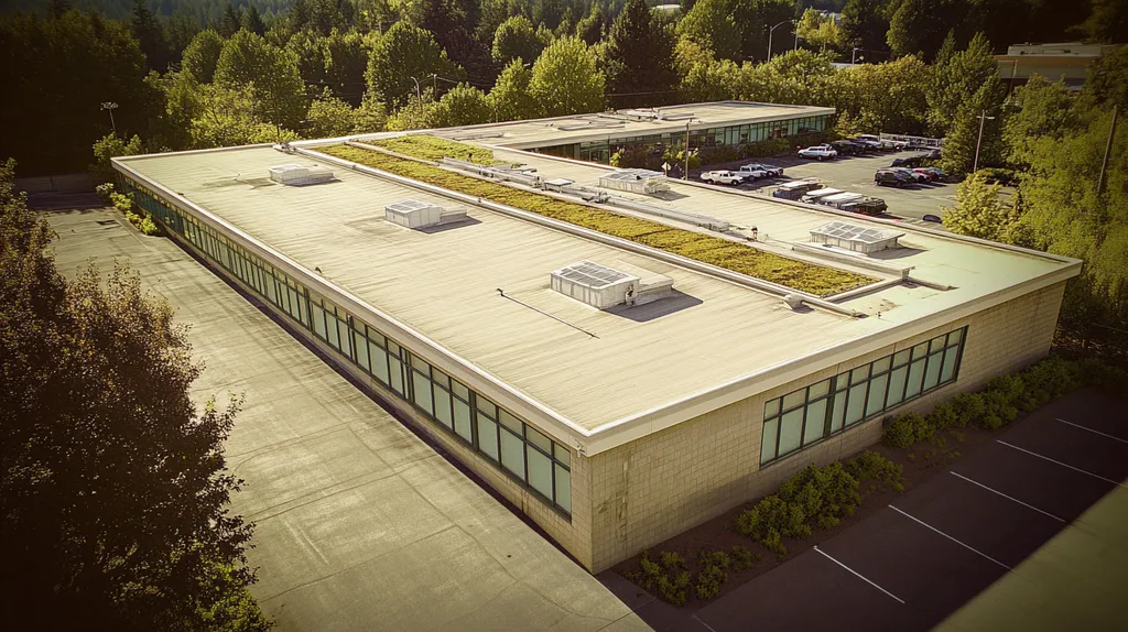A commercial roof on a community recreation center in a location similar to Portland with a Polaroid aesthetic (AI image)