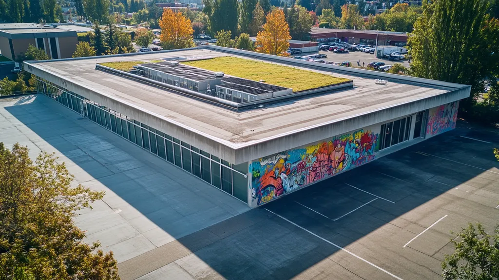 A commercial roof on a community recreation center in a location similar to Portland with a graffiti mural aesthetic (AI image)