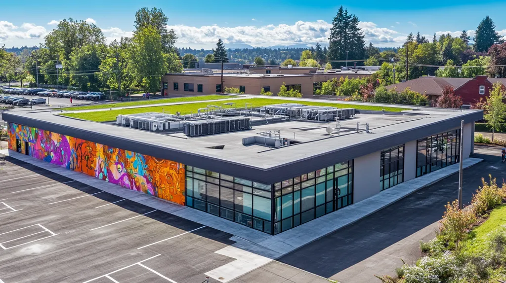 A commercial roof on a community recreation center in a location similar to Portland with a graffiti mural aesthetic (AI image)