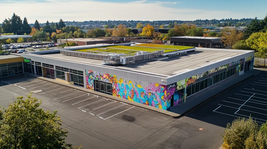 A commercial roof on a community recreation center in a location similar to Portland with a graffiti mural aesthetic (AI image)