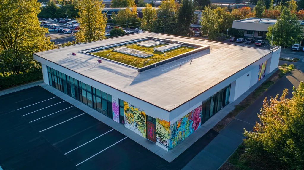 A commercial roof on a community recreation center in a location similar to Portland with a graffiti mural aesthetic (AI image)