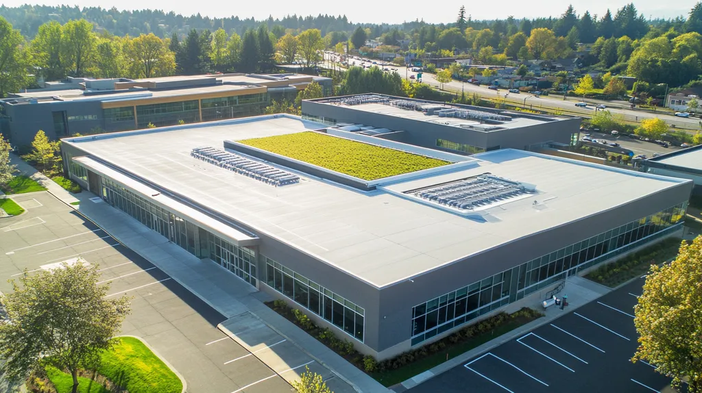 A commercial roof on a community recreation center in a location similar to Portland with an urban context aesthetic (AI image)