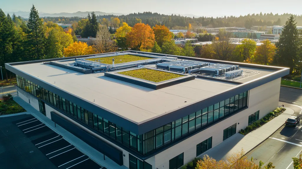 A commercial roof on a community recreation center in a location similar to Portland with an urban context aesthetic (AI image)