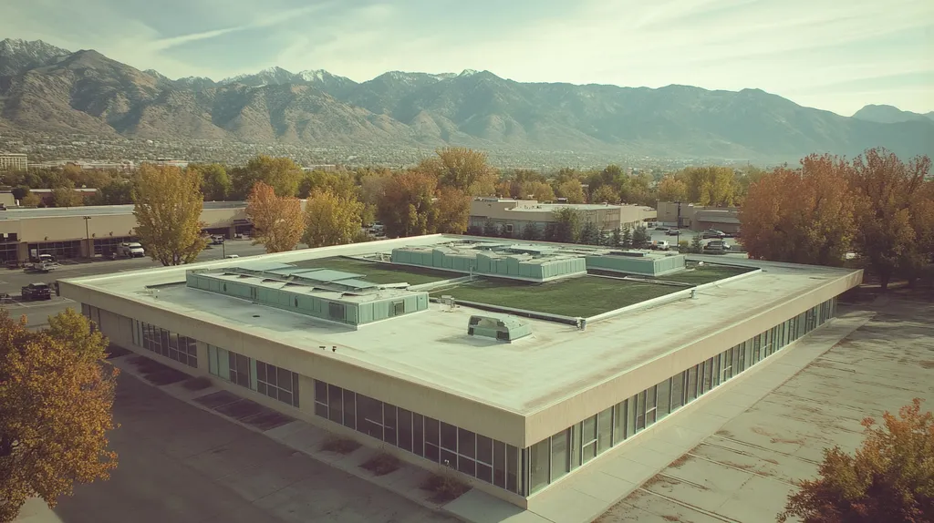 A commercial roof on a community recreation center in a location similar to Salt Lake City with a Polaroid aesthetic (AI image)