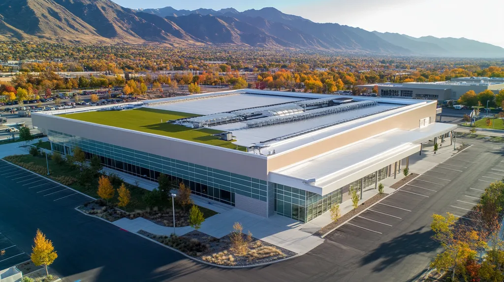 A commercial roof on a community recreation center in a location similar to Salt Lake City with a color highlight aesthetic (AI image)