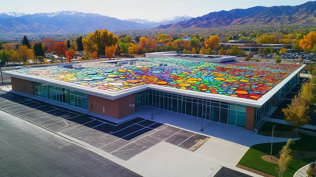 A commercial roof on a community recreation center in a location similar to Salt Lake City with a stained glass style aesthetic (AI image)
