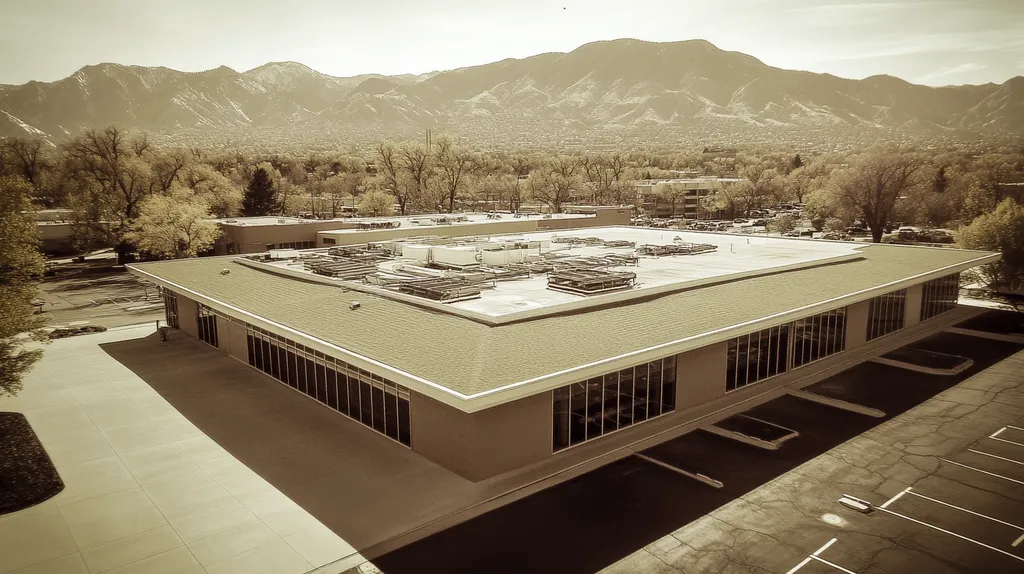 A commercial roof on a community recreation center in a location similar to Salt Lake City with a tintype aesthetic (AI image)