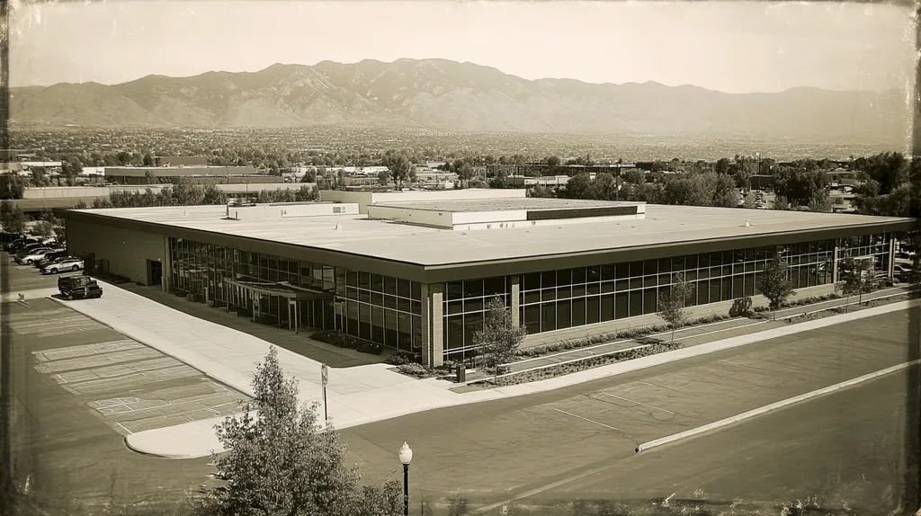 A commercial roof on a community recreation center in a location similar to Salt Lake City with a tintype aesthetic (AI image)
