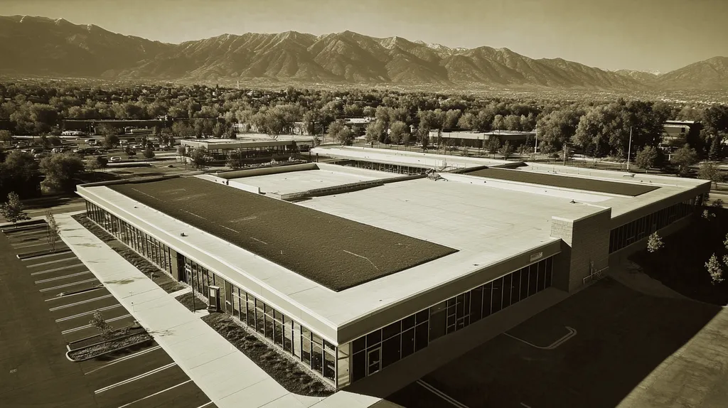 A commercial roof on a community recreation center in a location similar to Salt Lake City with a tintype aesthetic (AI image)