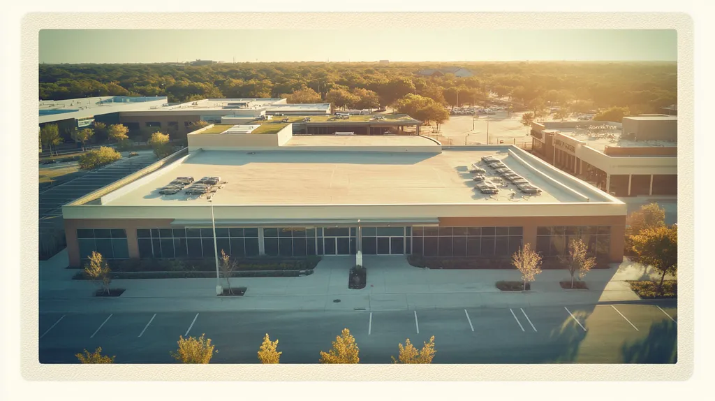 A commercial roof on a community recreation center in a location similar to San Antonio with a Polaroid aesthetic (AI image)