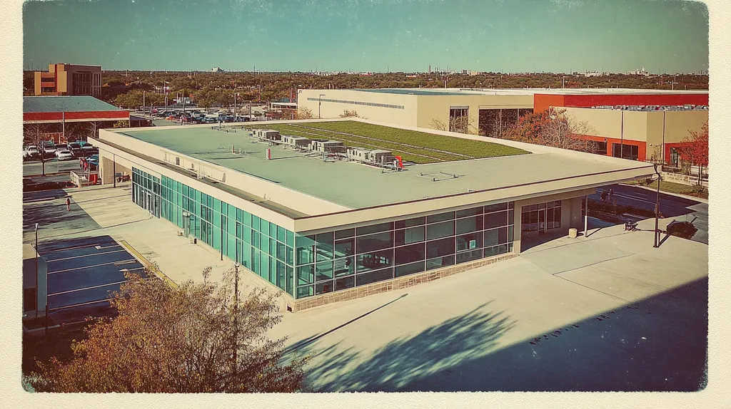 A commercial roof on a community recreation center in a location similar to San Antonio with a Polaroid aesthetic (AI image)