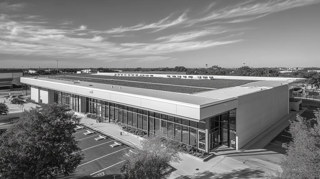 A commercial roof on a community recreation center in a location similar to San Antonio with a black and white photography aesthetic (AI image)