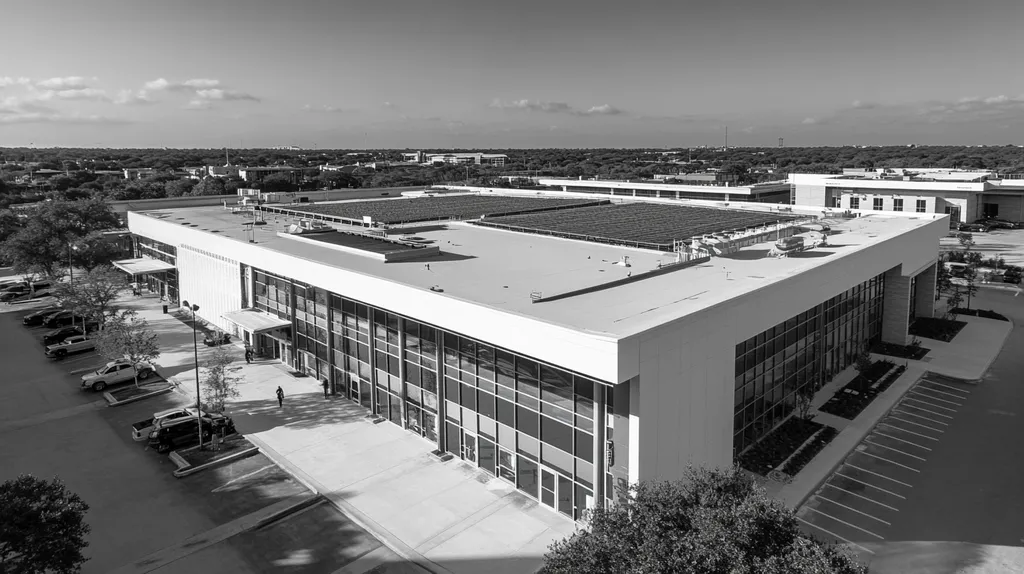 A commercial roof on a community recreation center in a location similar to San Antonio with a black and white photography aesthetic (AI image)