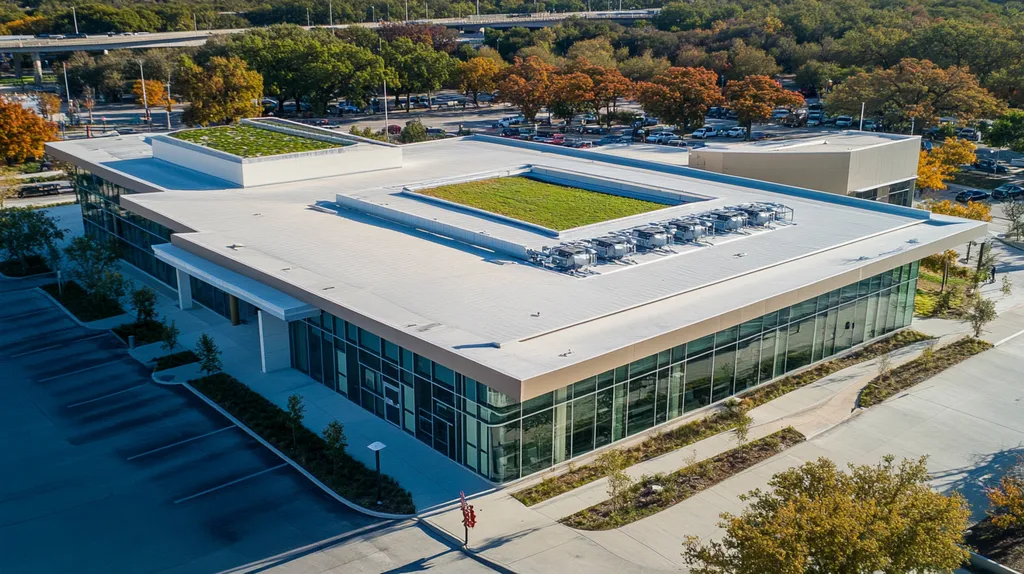 A commercial roof on a community recreation center in a location similar to San Antonio with a color highlight aesthetic (AI image)