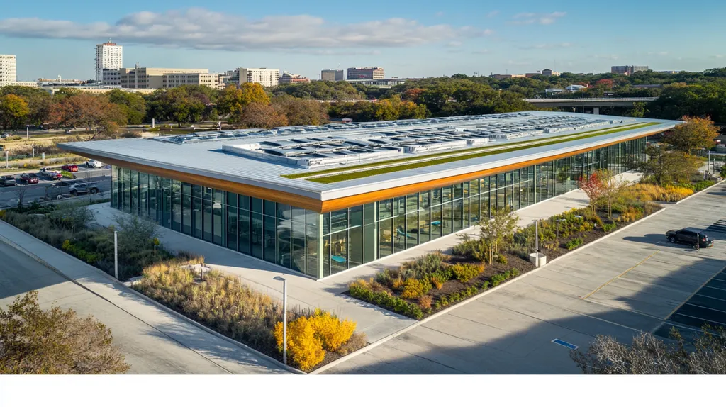 A commercial roof on a community recreation center in a location similar to San Antonio with a color highlight aesthetic (AI image)