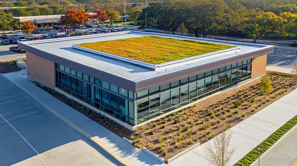 A commercial roof on a community recreation center in a location similar to San Antonio with a color highlight aesthetic (AI image)
