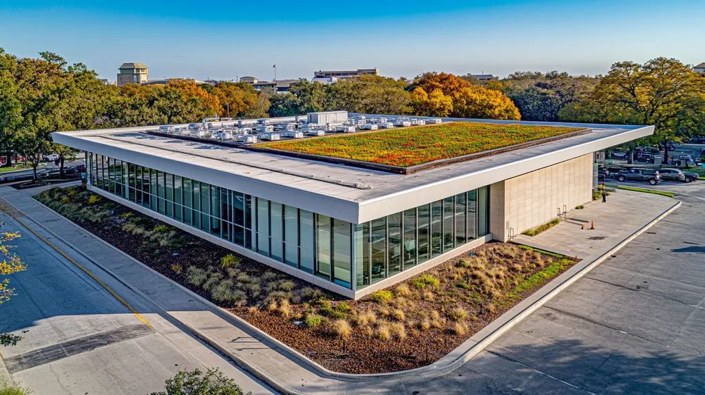 A commercial roof on a community recreation center in a location similar to San Antonio with a color highlight aesthetic (AI image)
