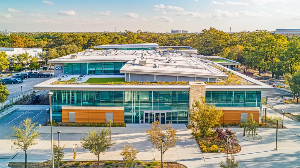 A commercial roof on a community recreation center in a location similar to San Antonio with a color highlight aesthetic (AI image)