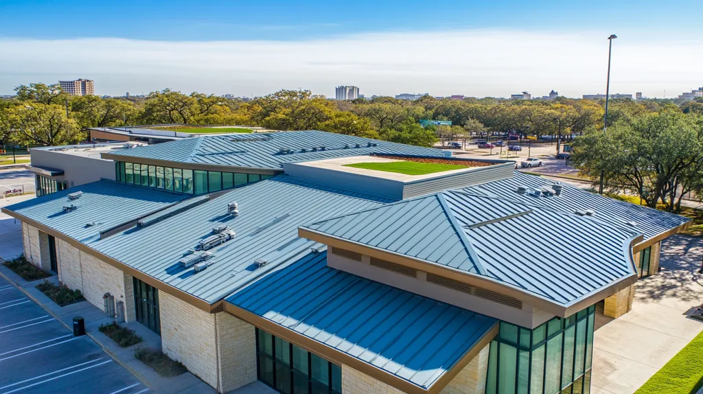 A commercial roof on a community recreation center in a location similar to San Antonio with a cross-processed look aesthetic (AI image)