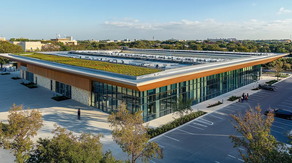 A commercial roof on a community recreation center in a location similar to San Antonio with a cross-processed look aesthetic (AI image)