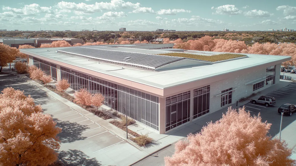 A commercial roof on a community recreation center in a location similar to San Antonio with an infrared photography aesthetic (AI image)