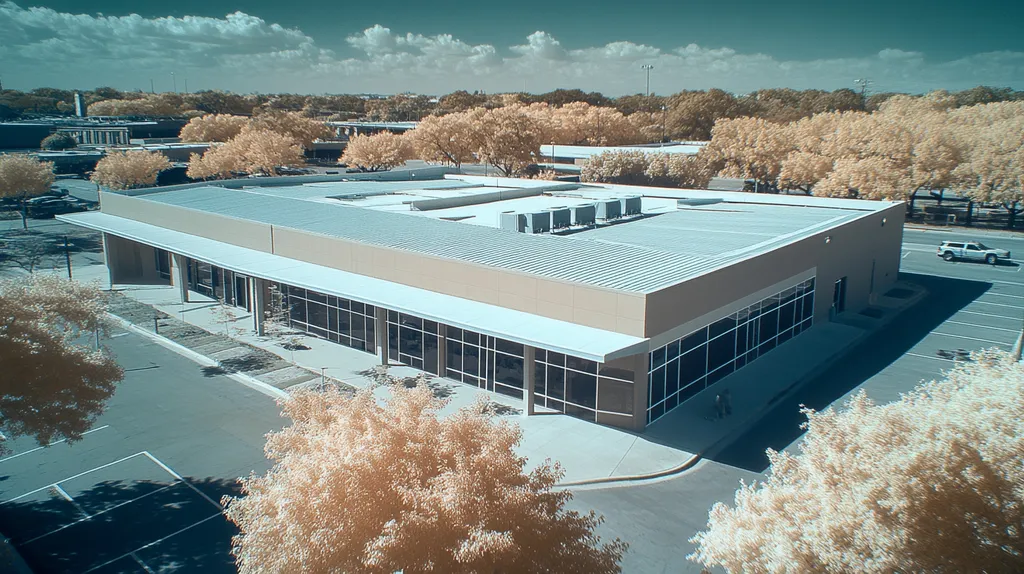 A commercial roof on a community recreation center in a location similar to San Antonio with an infrared photography aesthetic (AI image)
