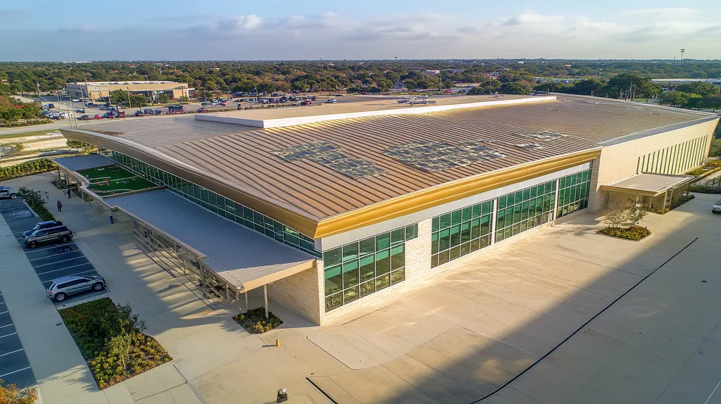 A commercial roof on a community recreation center in a location similar to San Antonio with a solid gold aesthetic (AI image)