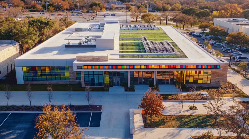 A commercial roof on a community recreation center in a location similar to San Antonio with a stained glass style aesthetic (AI image)