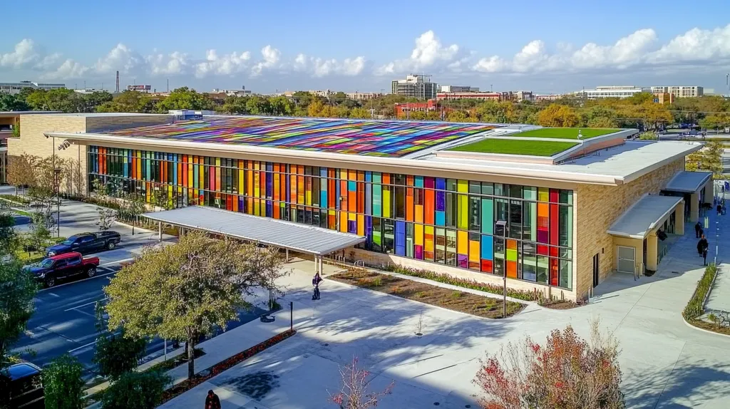 A commercial roof on a community recreation center in a location similar to San Antonio with a stained glass style aesthetic (AI image)