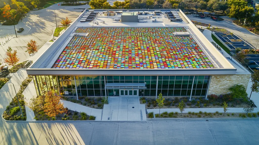 A commercial roof on a community recreation center in a location similar to San Antonio with a stained glass style aesthetic (AI image)