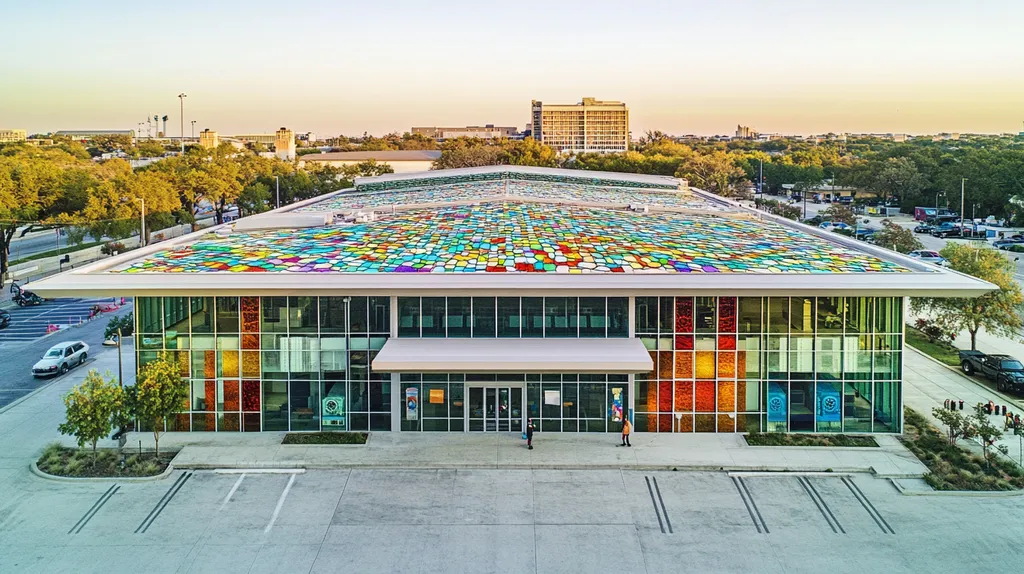 A commercial roof on a community recreation center in a location similar to San Antonio with a stained glass style aesthetic (AI image)